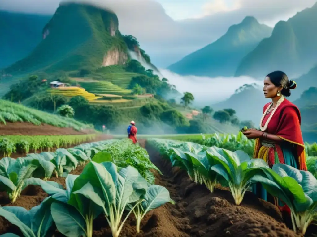 Imagen detallada de agricultores indígenas trabajando en sistema agroforestal biodiverso, luchando por soberanía alimentaria