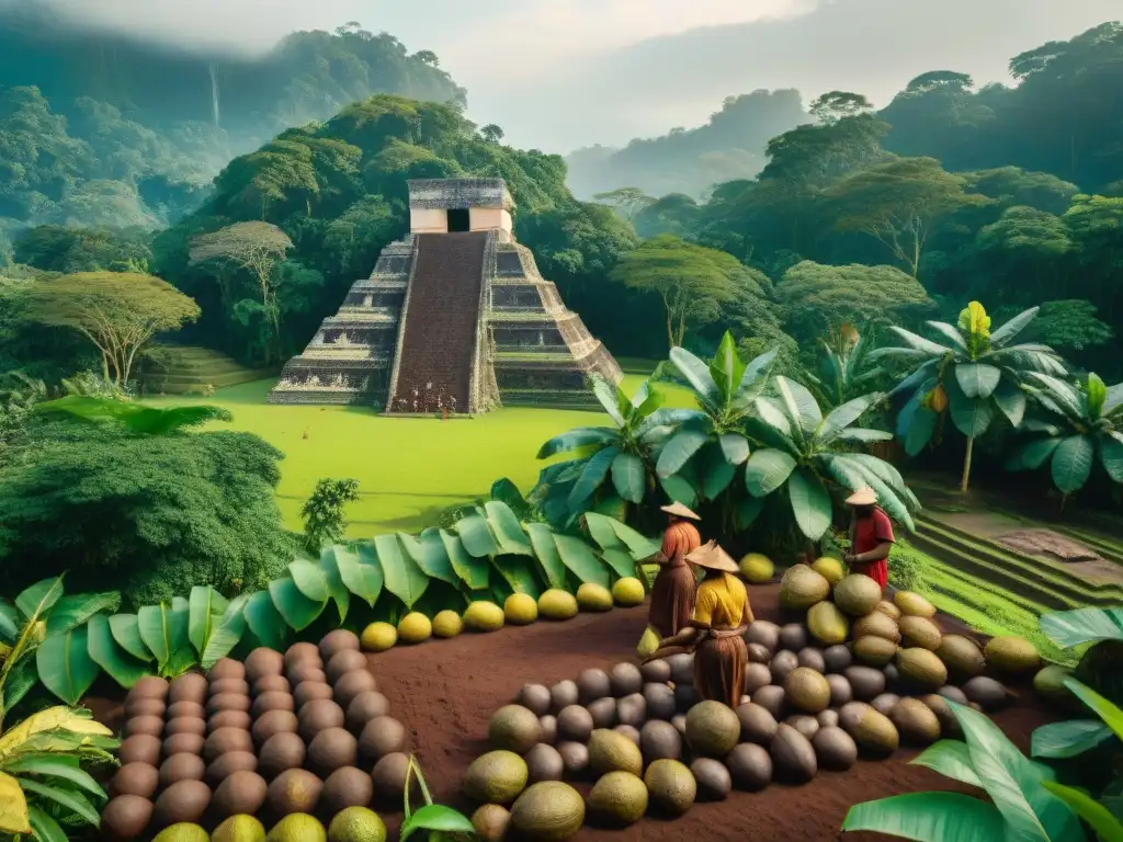 Imagen detallada de un antiguo templo maya rodeado de exuberante vegetación, con árboles de cacao cargados de mazorcas maduras en primer plano