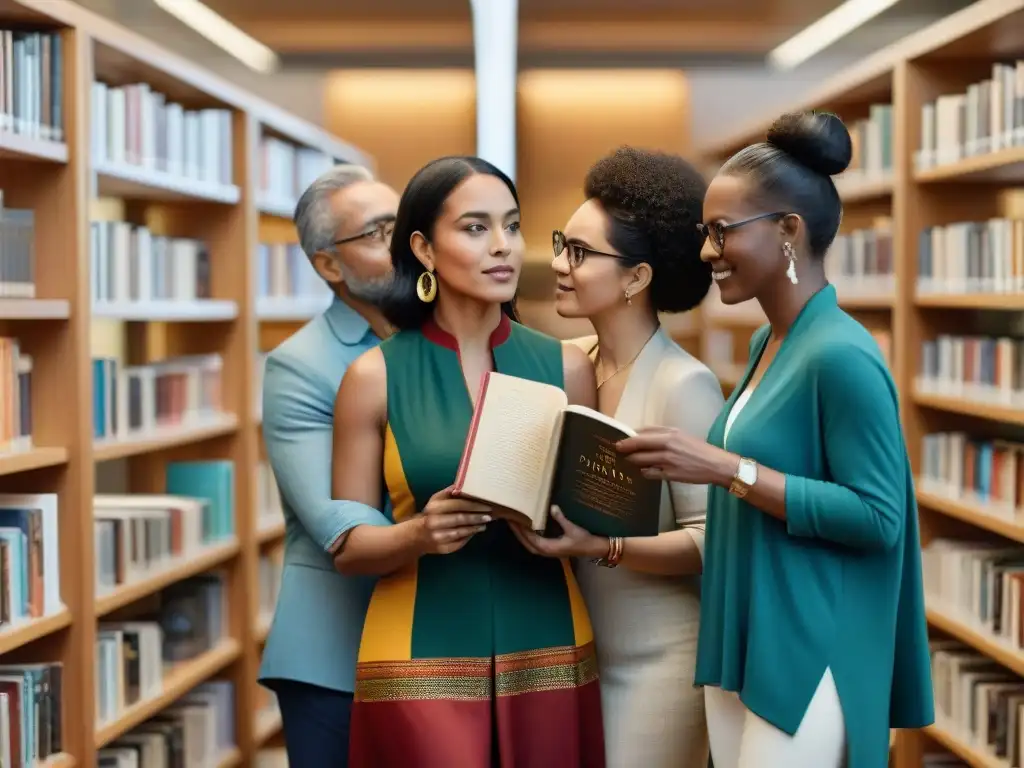 Una imagen detallada de autores indígenas contemporáneos en una biblioteca, discutiendo rodeados de libros sobre narrativa indígena y cuentos globales