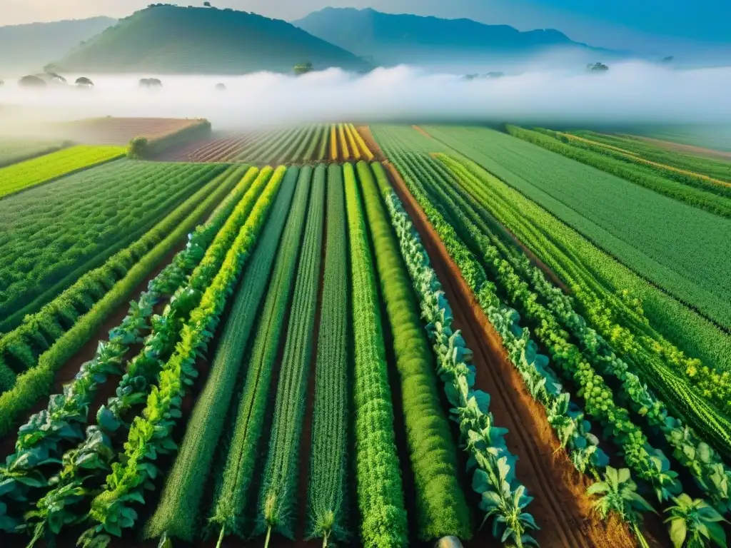 Una imagen detallada de un campo agrícola tradicional exuberante protegido por nanotecnología, con cultivos saludables y agricultores colaborativos