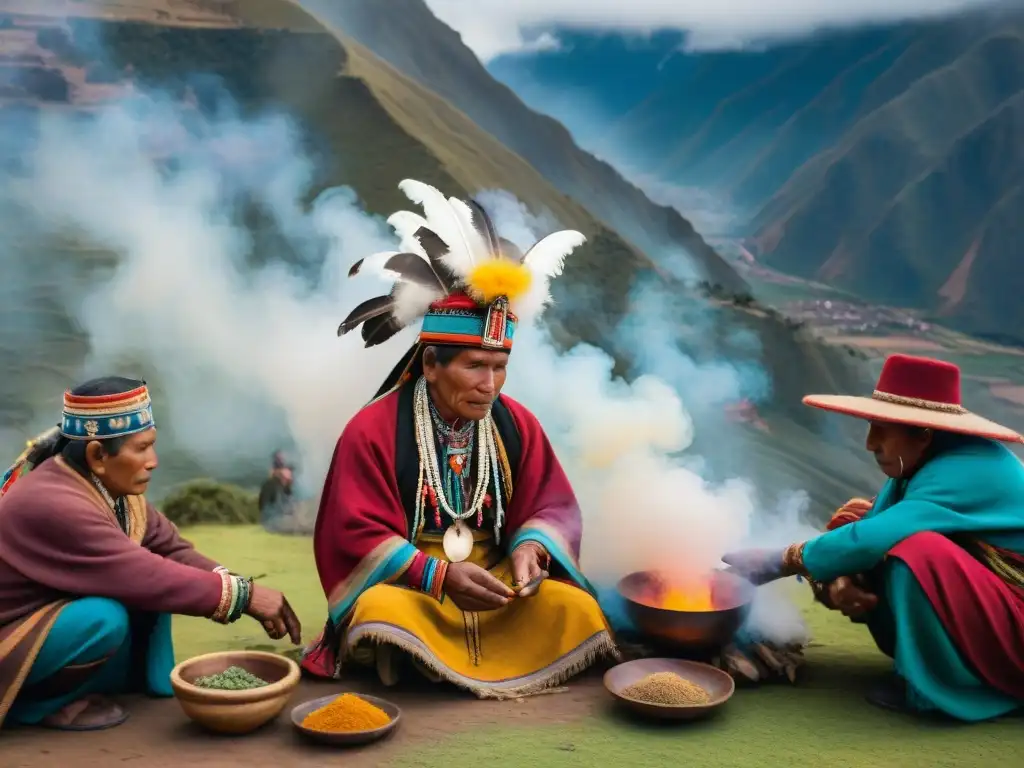 Una imagen detallada de un chamán andino realizando un ritual de limpieza, rodeado de miembros de la comunidad en las majestuosas montañas andinas