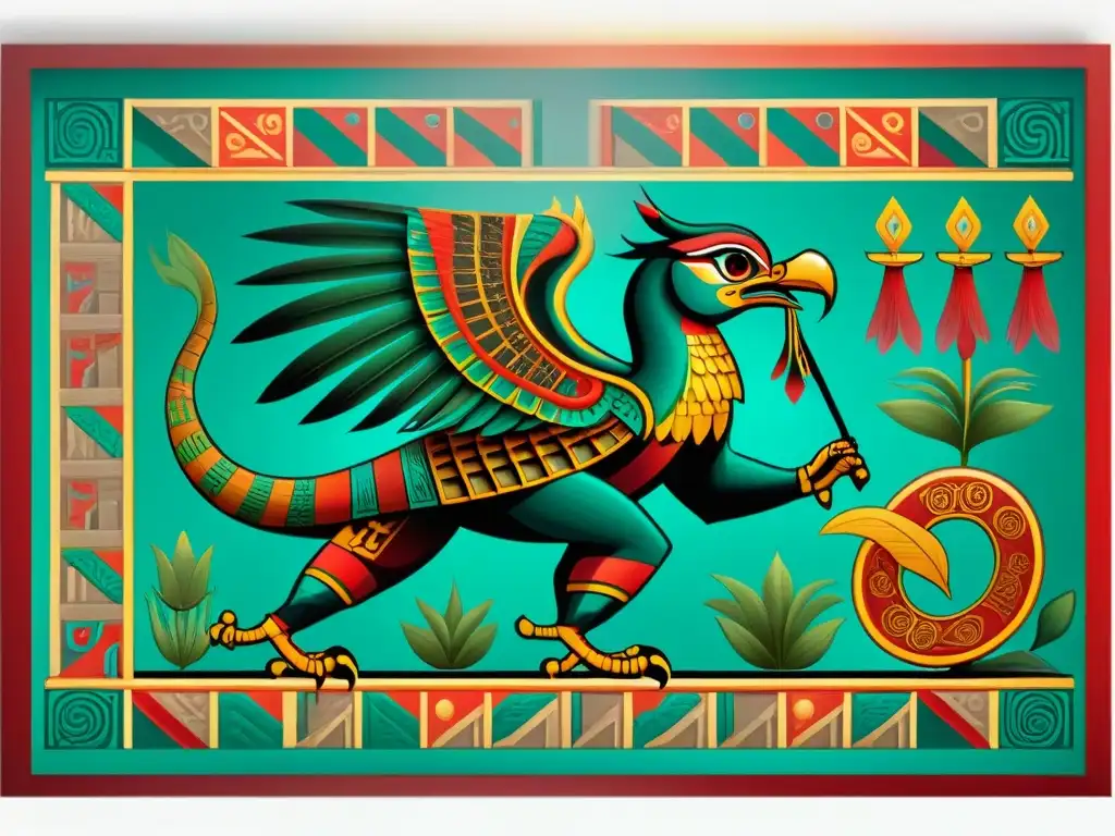 Una imagen detallada de un códice azteca de Quetzalcóatl, mostrando su dualidad como serpiente emplumada y figura humana