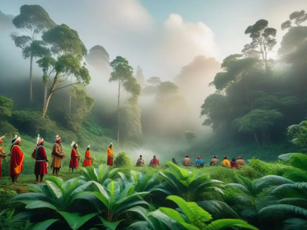 Imagen detallada de comunidad indígena en la selva, practicando manejo sostenible de recursos