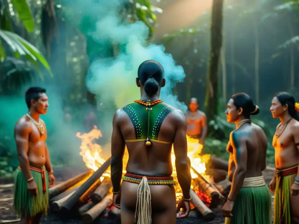 Imagen detallada de comunidades indígenas en el Amazonas danzando alrededor de una fogata vibrante, con atuendos tradicionales y pinturas corporales, bajo el resplandor del sol en la selva exuberante