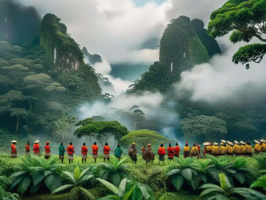 Resistencia indígena en la Amazonía contra la colonización verde Una imagen detallada de la exuberante selva amazónica con indígenas debatiendo sobre colonialismo en la economía verde