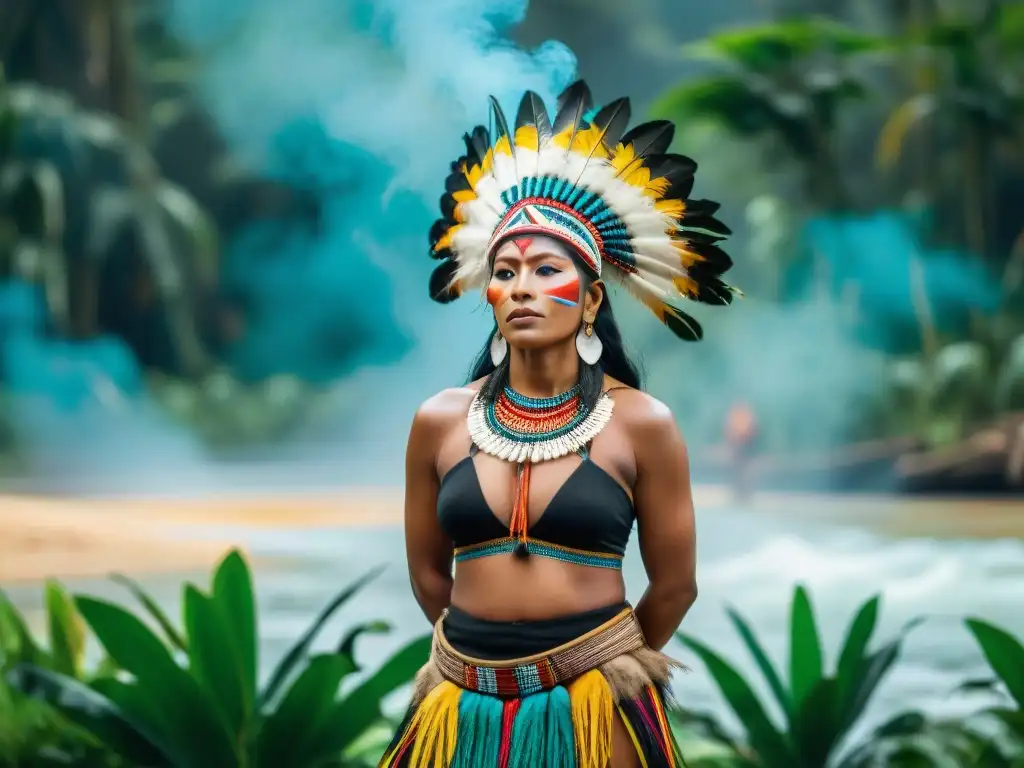 Imagen detallada 8k de un festival cultural indígena en la Amazonía, con danza tradicional y artesanías