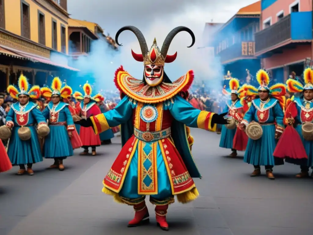 Una imagen detallada de la festividad La Diablada de Oruro, con danzantes adornados y vibrantes colores, reflejando las culturas indígenas andinas