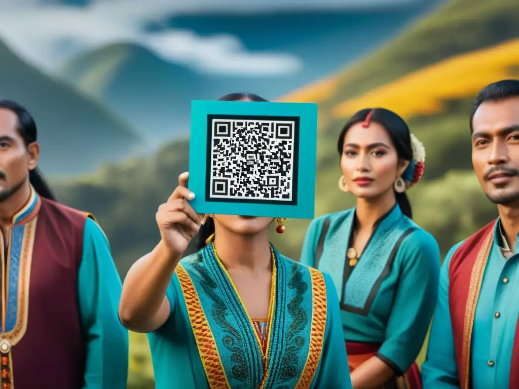 Una imagen detallada de hablantes de lenguas indígenas con QR de diccionarios y cursos, vestidos con atuendos tradicionales