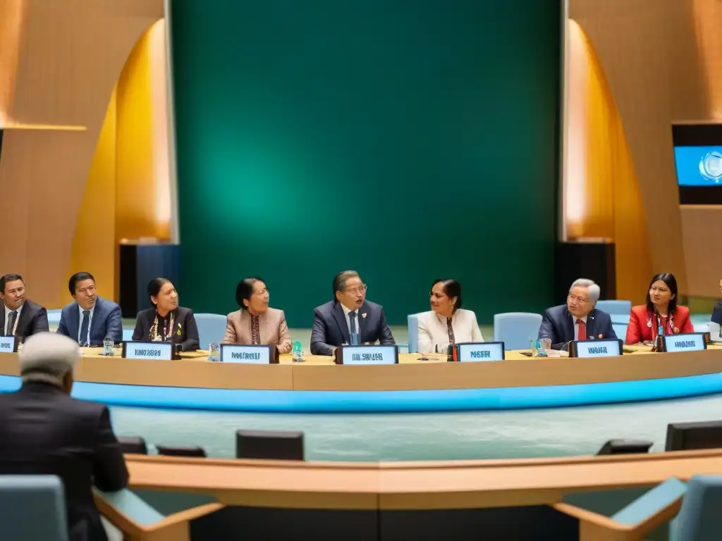 Una imagen detallada de líderes indígenas de todo el mundo en intensa discusión en la ONU