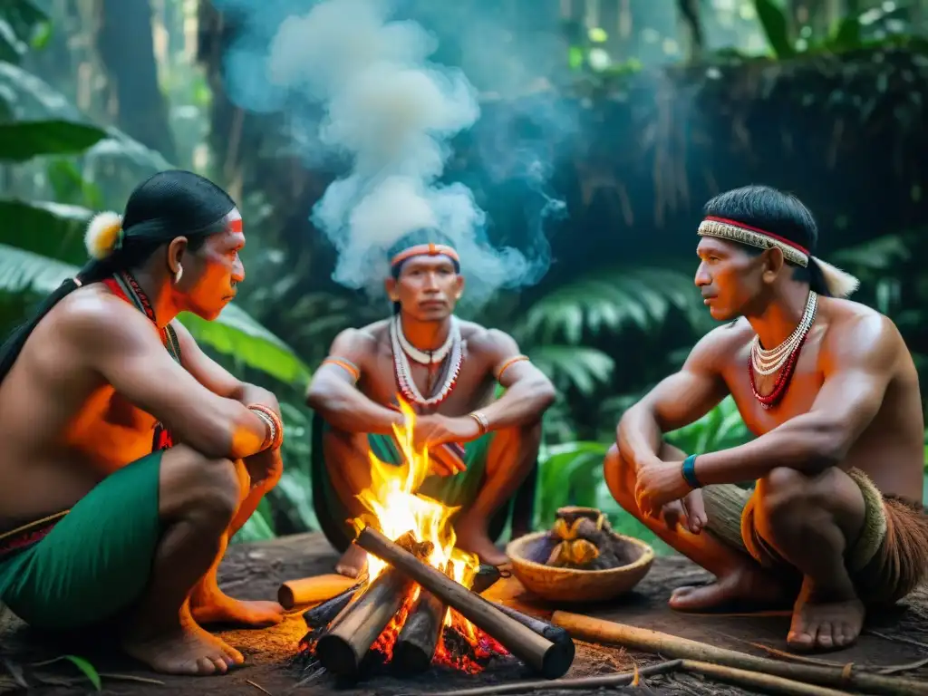 Una imagen detallada de líderes indígenas amazónicos reunidos alrededor de un fuego en ceremonia tradicional en la selva