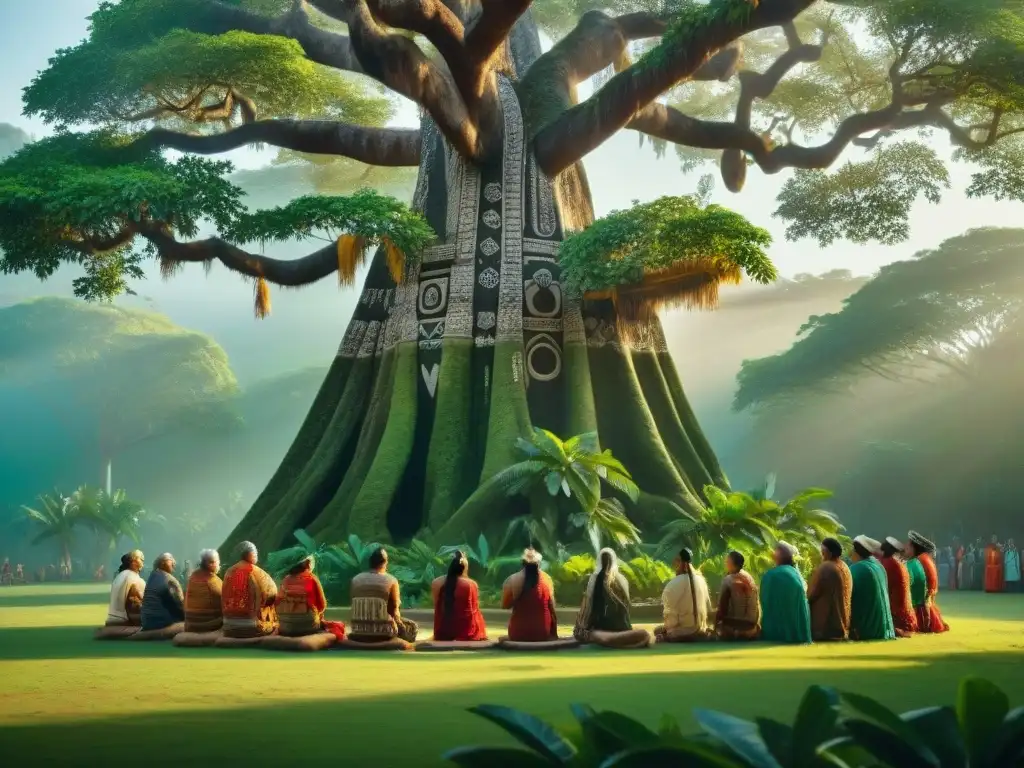 Imagen detallada de un majestuoso árbol Ceiba con glifos mayas y ancianos indígenas en ceremonia, reflejando la cosmovisión indígena árboles sagrados