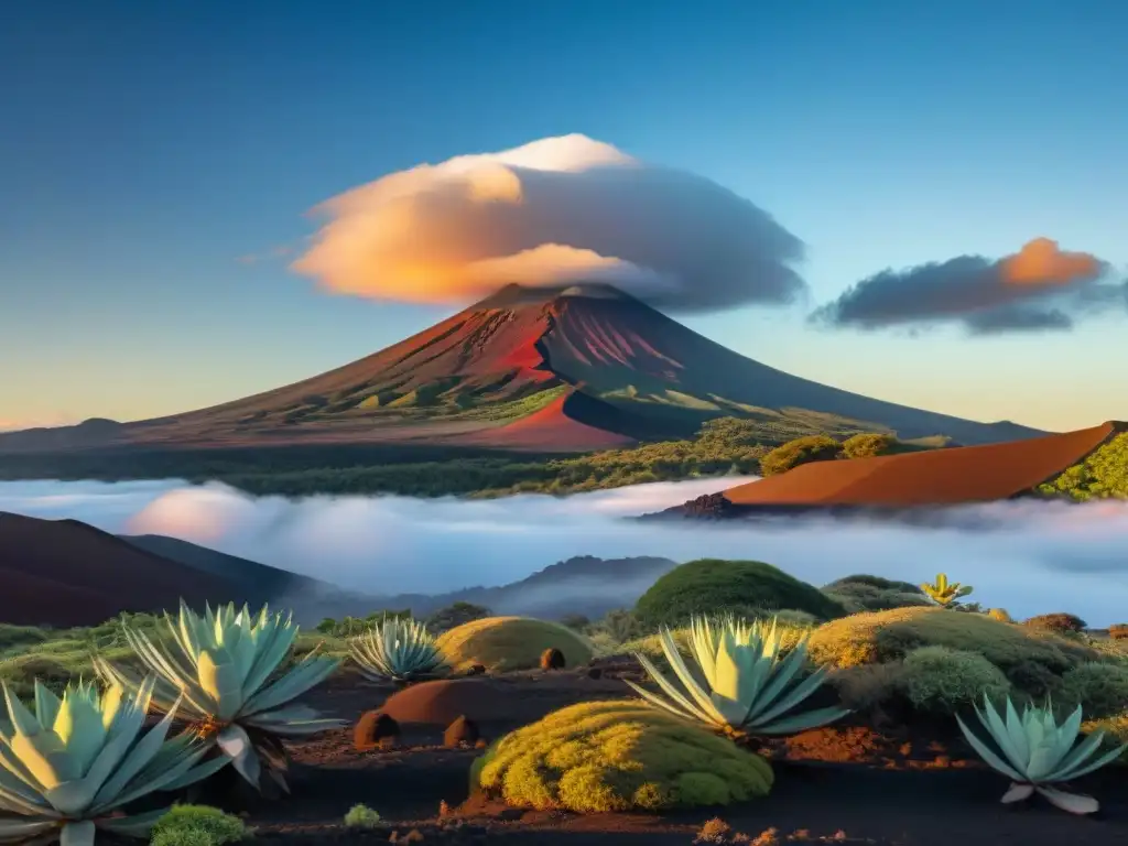 Imagen detallada de Mauna Kea al amanecer, con tonos dorados en el cielo y símbolos indígenas, evocando la controversia y lo sagrado