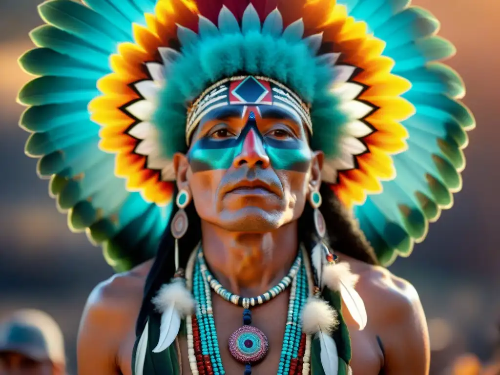 Imagen detallada de chamán nativo americano en ritual con peyote, rodeado de elementos sagrados