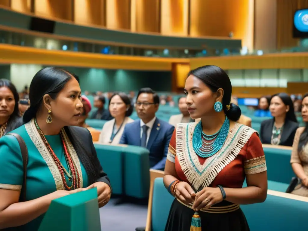 Una imagen detallada de representantes indígenas de todo el mundo en una conferencia de la ONU, discutiendo con delegados internacionales