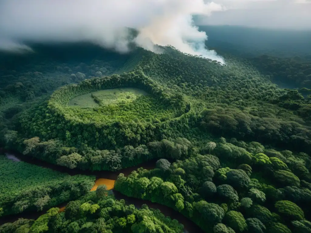 Imagen detallada de la selva amazónica con minería ilegal oculta, destacando impacto en territorios indígenas