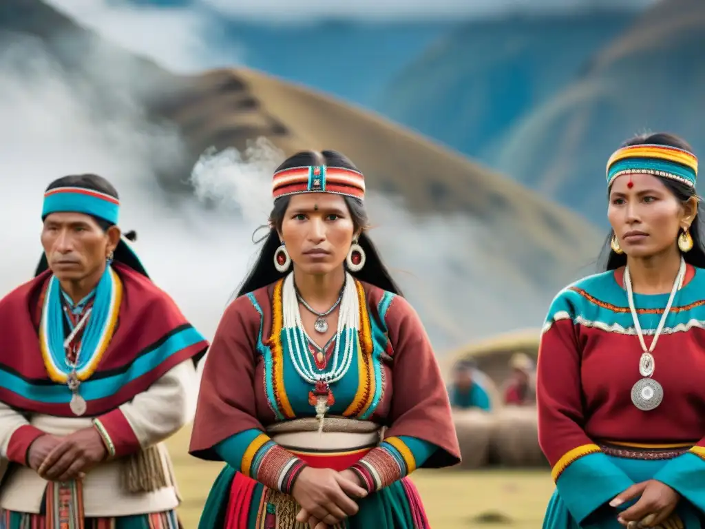 Ceremonia de revitalización cultural andina: orgullo y tradición Una imagen detallada y vibrante de indígenas andinos en trajes tradicionales, revitalizando su cultura en las redes sociales