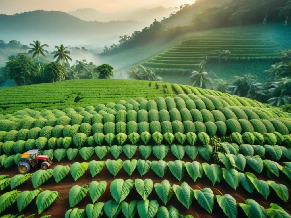 Imagen de documental: agricultores de cacao en plantación vibrante, recolectando cacao