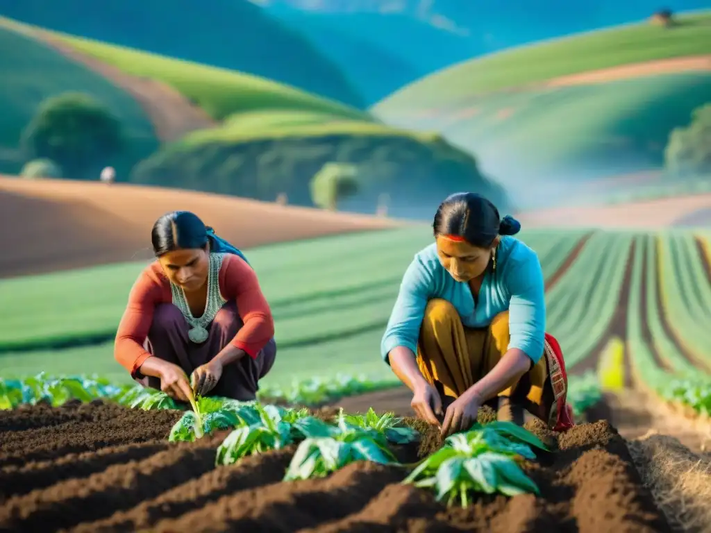 Imagen documental de agricultores indígenas plantando cultivos tradicionales en campo vibrante