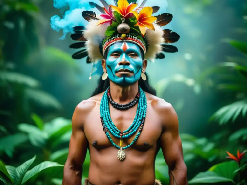 La imagen muestra a un guía espiritual indígena en un estado alterado durante un ritual en la selva amazónica