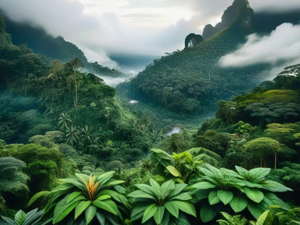 Imagen de la exuberante selva del Amazonas con plantas indígenas, recolectadas por tribus locales