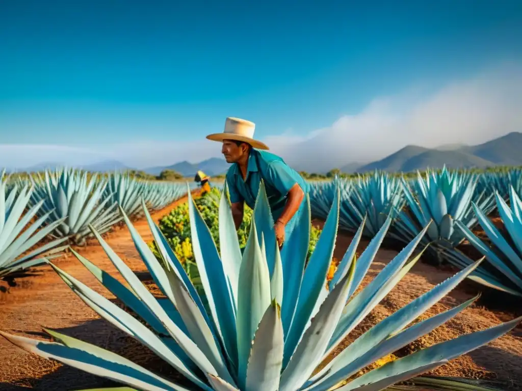 Imagen impactante de agricultores mexicanos cosechando agave bajo el sol, destacando la tradición y la innovación en bebidas indígenas ancestrales