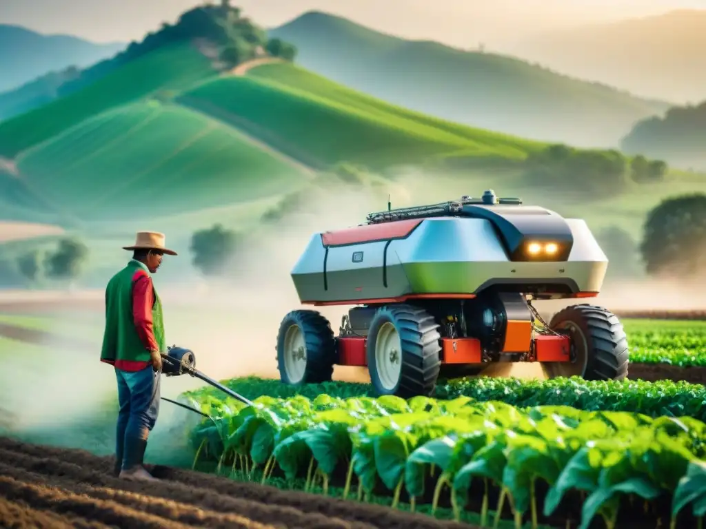 Una imagen impactante de asistentes tecnológicos para agricultores indígenas trabajando en armonía en un campo verde y exuberante