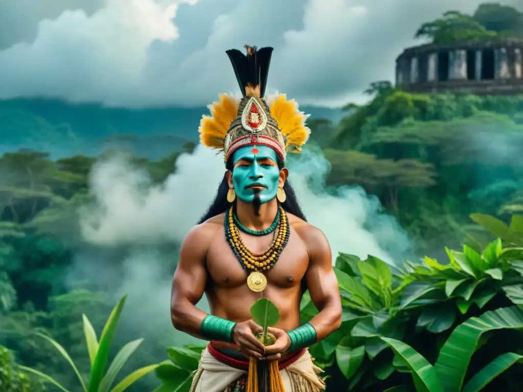Ritual maya: chamán en la selva Imagen impactante de un chamán maya realizando un ritual de purificación en la selva