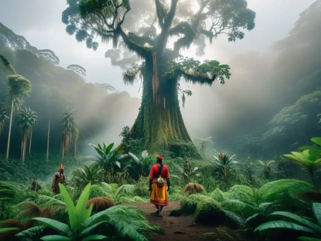 Imagen impactante de la deforestación en comunidades indígenas: danza ceremonial en la selva exuberante y devastación al fondo