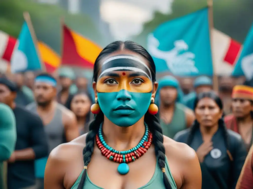 Imagen impactante de líderes indígenas en marcha de protesta, rostros pintados con símbolos de resistencia