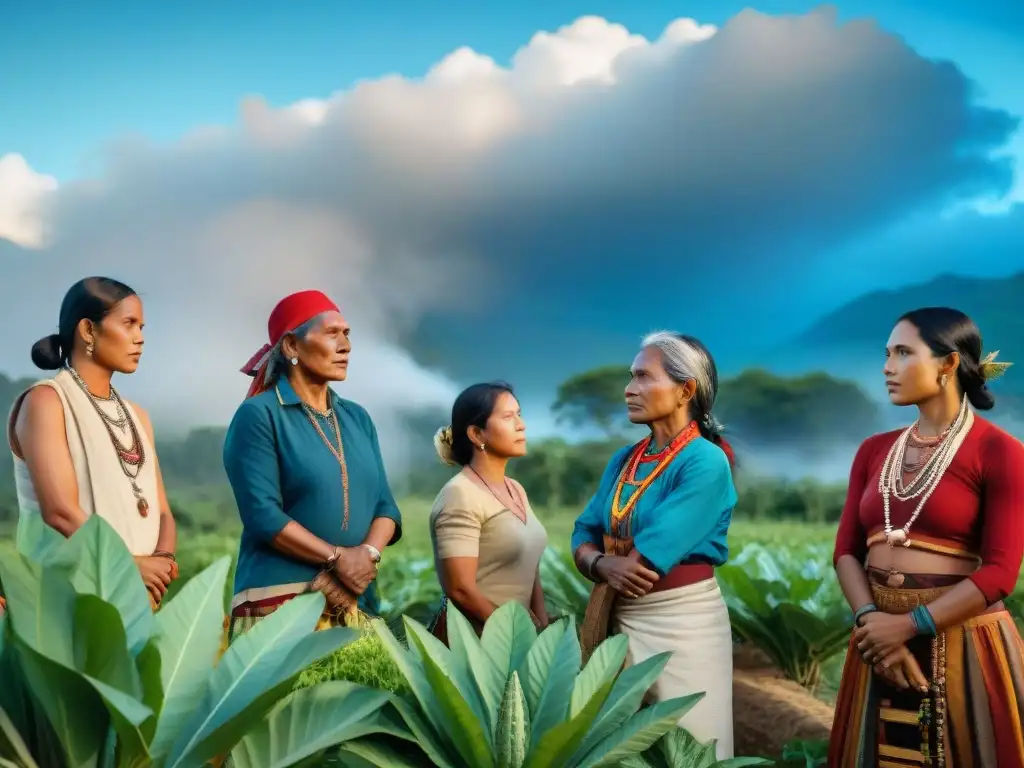 Una imagen impactante de lucha comunitaria en sostenibilidad con comunidades indígenas unidas en técnicas agrícolas tradicionales y prácticas modernas