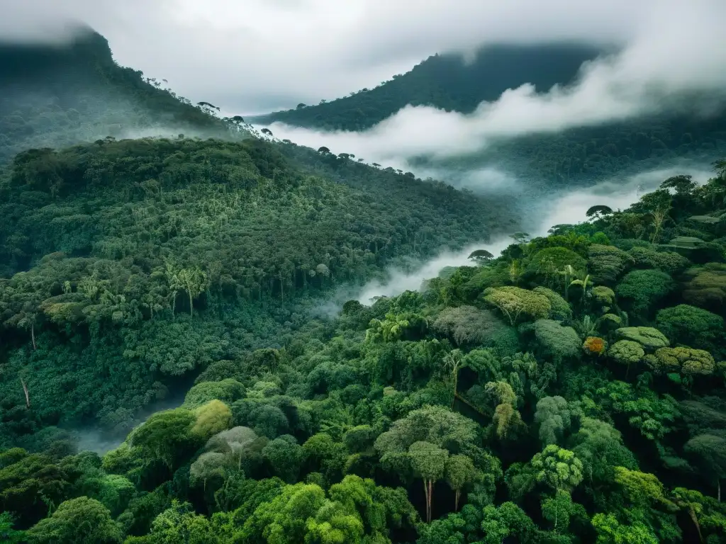 Imagen impactante de la biodiversidad en la selva amazónica, destacando la armonía entre la comunidad indígena y la naturaleza