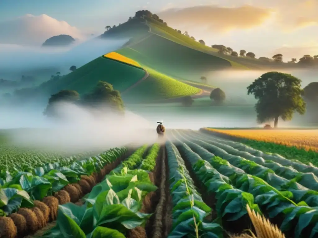 Amanecer sereno en campo ancestral: tradición e innovación agrícola Imagen de monitoreo de cultivos ancestrales IoT al amanecer, fusionando tradición e innovación en armonía con la naturaleza
