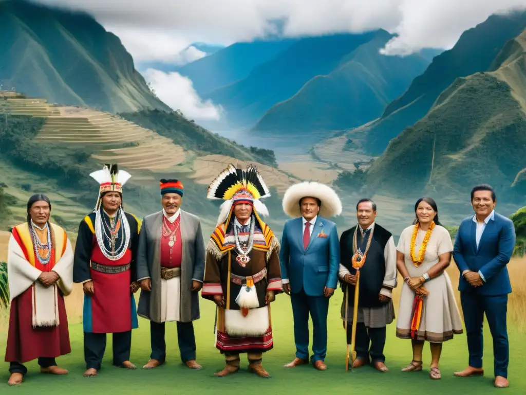 Imagen del Movimiento Indígena Ecuador autodeterminación: líderes unidos en fortaleza y orgullo, vestidos con atuendos tradicionales en paisaje andino