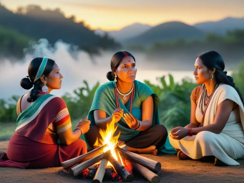 Imagen de mujeres indígenas transmitiendo sabiduría alrededor del fuego