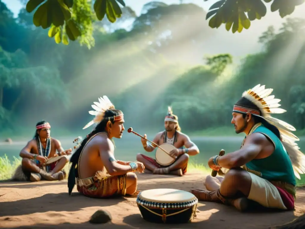 Imagen de músicos indígenas tocando instrumentos tradicionales bajo un árbol en la selva, con vestimenta vibrante y una audiencia diversa