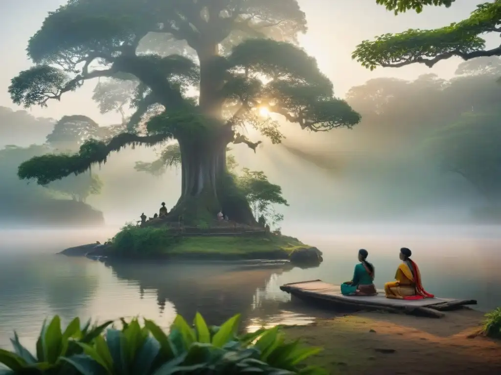 Imagen de un paisaje sereno al amanecer con un bosque exuberante, un río serpenteante y una ceremonia indígena, significado sitios sagrados indígenas