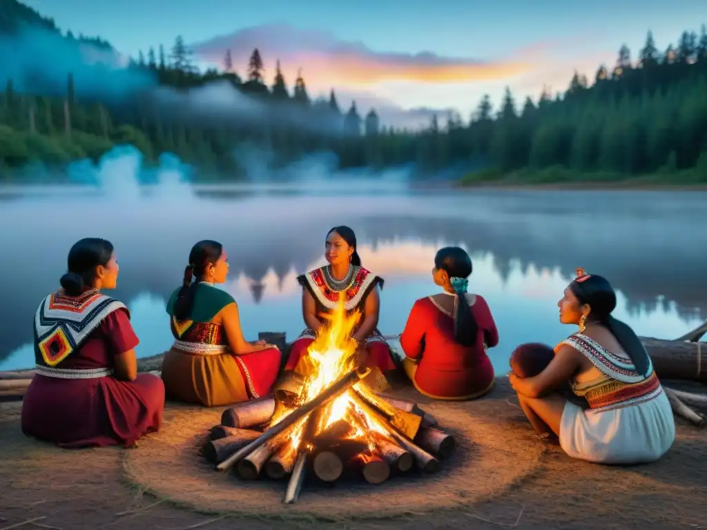 Imagen de participación de mujer indígena en comunidad alrededor de fogata en bosque, con expresiones de unidad y determinación bajo cielo estrellado