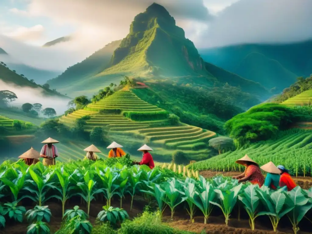 Imagen de prácticas agrícolas sostenibles indígenas: agricultores en un sistema agroforestal biodiverso trabajando juntos en armonía con la naturaleza