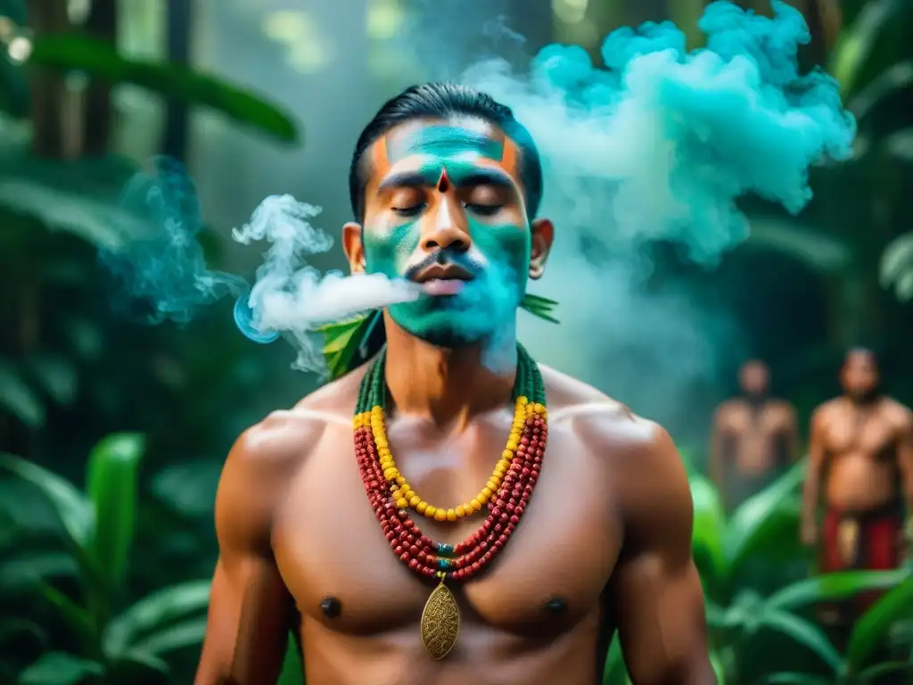 Una imagen 8k ultradetallada de un retiro espiritual indígena en la selva amazónica, con un chamán liderando un ritual sagrado