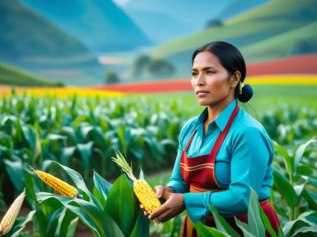 Imagen vibrante de agricultura indígena y cambio climático: campesino en campo diverso y colorido, bajo cielo azul