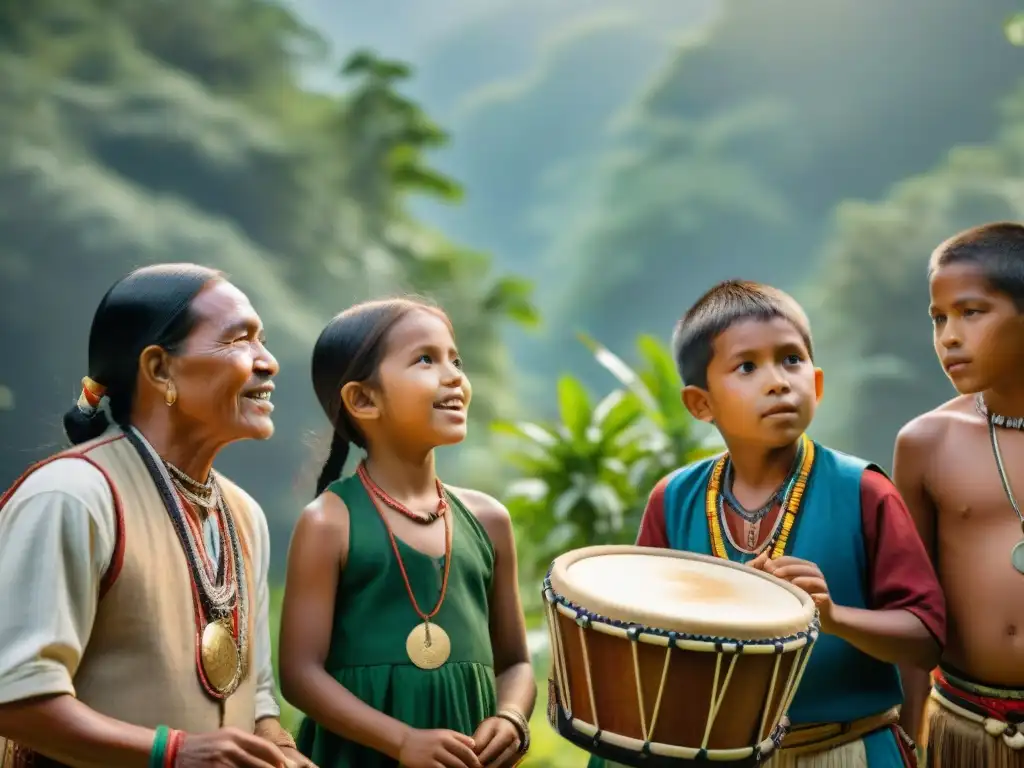 Imagen vibrante de niños indígenas tocando música tradicional indígena contemporánea en la selva con sus ancianos