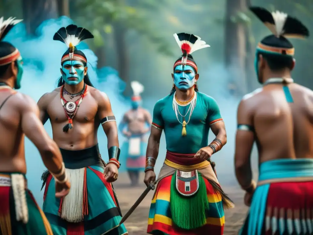 Impactante Danza de los Guerreros indígenas en la selva: guerreros en atuendos tradicionales ejecutan ritual ancestral con intensidad y pasión