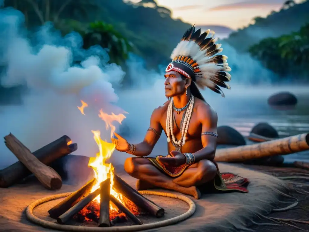 Una impactante escena de un chamán realizando un ritual sagrado en la selva amazónica al atardecer