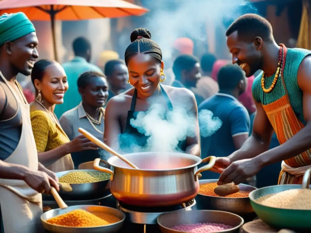 Impactante escena de cocina con influencia africana en cocina indígena: diversidad, alegría y tradición en un mercado bullicioso