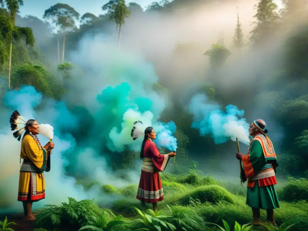 Una impactante representación de rituales indígenas en el cine, con ancianos en vestimenta tradicional rodeados de naturaleza exuberante