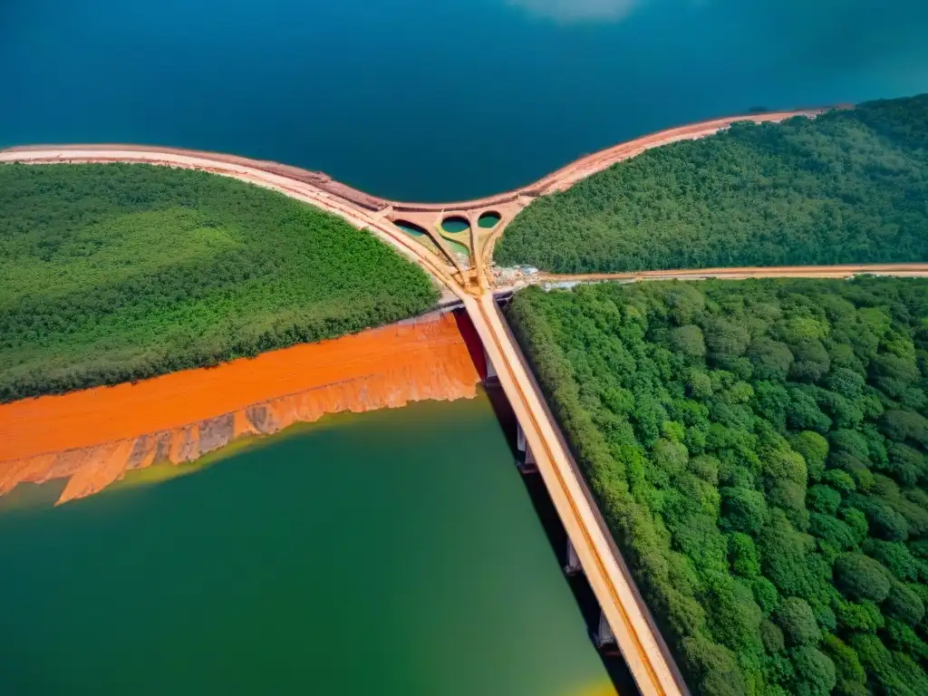 Construcción impactante de la represa Belo Monte en la Amazonia Impactante vista aérea de la construcción de la represa Belo Monte, mostrando el impacto ambiental en las culturas locales