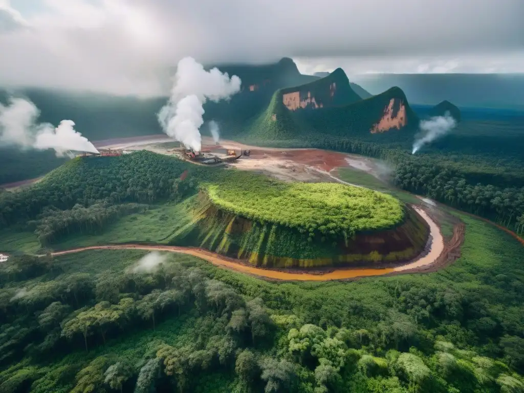 Impacto ambiental de la minería: Contraste entre exuberante selva y mina a cielo abierto, resaltando choque entre naturaleza e industria