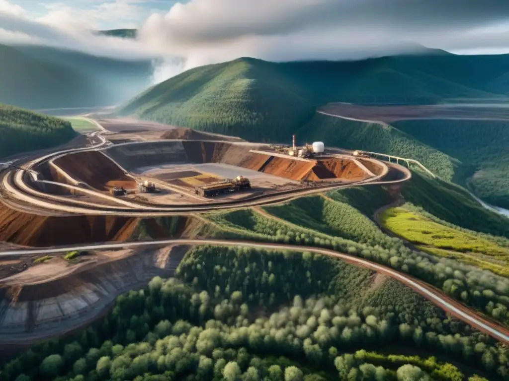 Impacto ambiental de la minería: Imagen de una mina a cielo abierto en un paisaje natural remoto, resaltando la intervención humana a gran escala