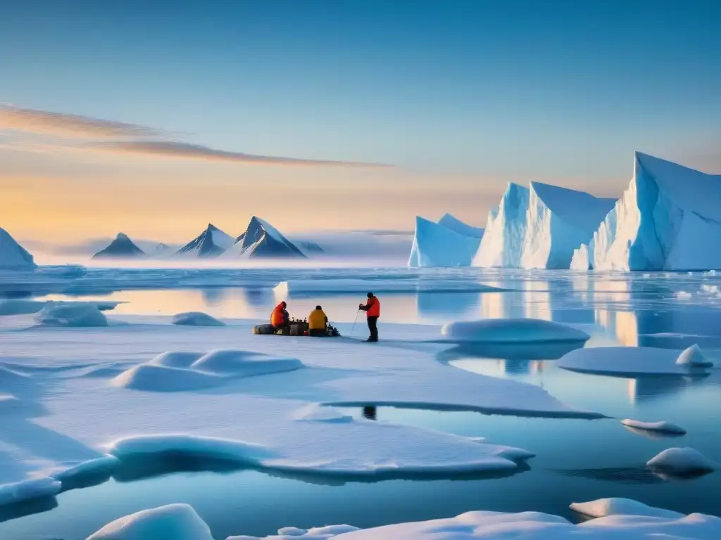 Impacto del cambio climático en comunidades Inuit: Fotografía impresionante de paisaje helado con pescadores Inuit