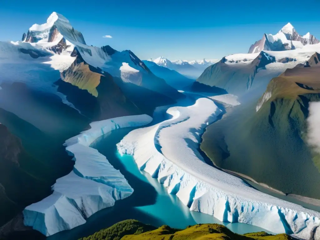 Impacto del cambio climático en los majestuosos glaciares andinos, reflejando su belleza y vulnerabilidad frente al cielo azul